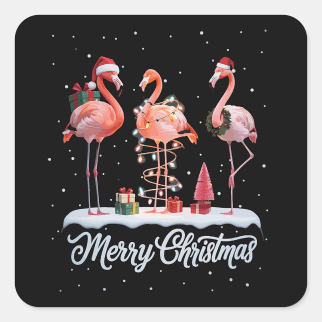Adesivo Quadrado Feliz Natal Papais noeis Flamingo Light Snow Xmas (Frente)