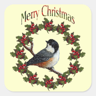 Adesivo Quadrado Feliz Natal: Pássaro, grinalda, arte original