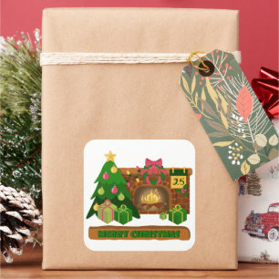 Adesivo Quadrado Feliz Natal perto da árvore de Natal de lareira bo