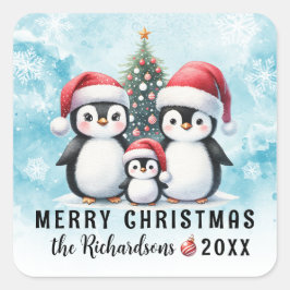 Adesivo Quadrado Feliz Natal Pinguins Cachorros Azul e Vermelho Per