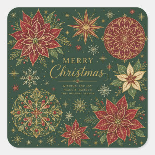Adesivo Quadrado Feliz Natal Poinsettia Mandala Ornamentada