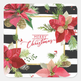 Adesivo Quadrado Feliz Natal Poinsettias, Palitos de Greve Negra