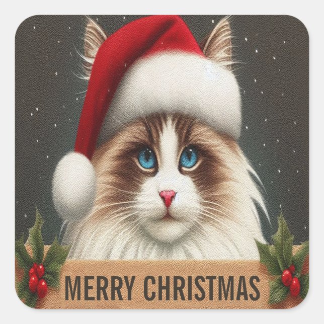 Adesivo Quadrado Feliz Natal Ragdoll Cat, Papais noeis Xmas Ragdoll (Frente)