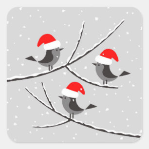 Adesivo Quadrado Feliz Natal Red Santa Hat Birds