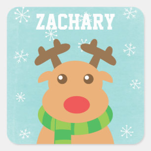 Adesivo Quadrado Feliz Natal - rena bonito com nariz vermelho