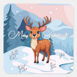Adesivo Quadrado Feliz Natal Rena de desenho animado fofo no invern