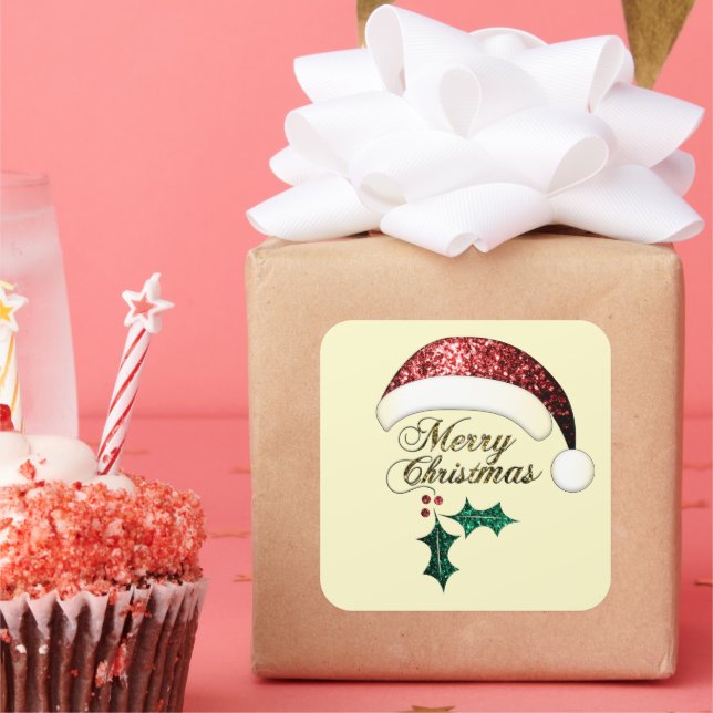 Adesivo Quadrado Feliz Natal Santa Chapéu Vermelho Dourado Verde (Festa)