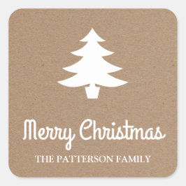 Adesivo Quadrado Feliz Natal Script | Tree Rustic Kraft Paper