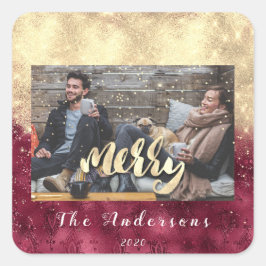 Adesivo Quadrado Feliz Natal Snow Confetti Burgundy Foto Dourada