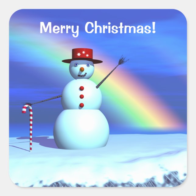 Adesivo Quadrado Feliz Natal Snowman e Rainbow (Frente)