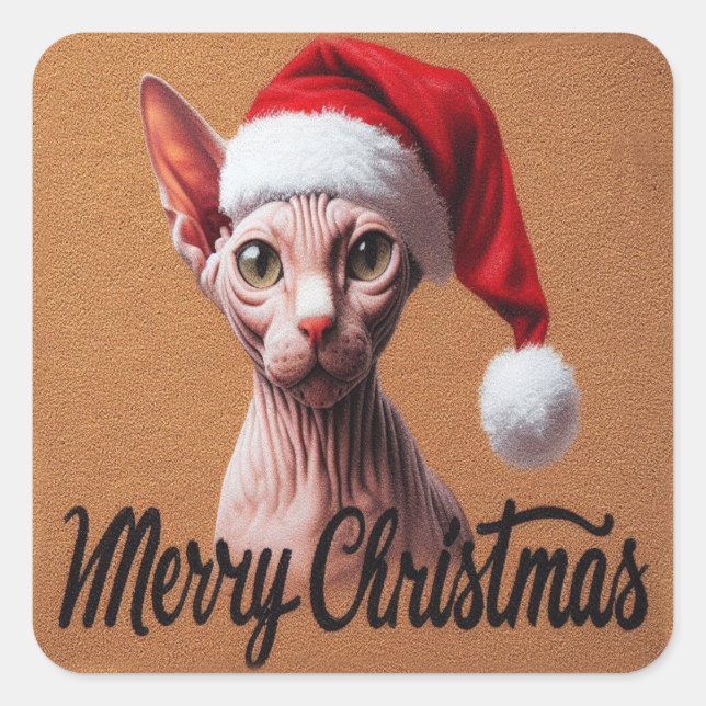 Adesivo Quadrado Feliz Natal Sphynx Cat, Papais noeis Xmas Sphynx (Frente)