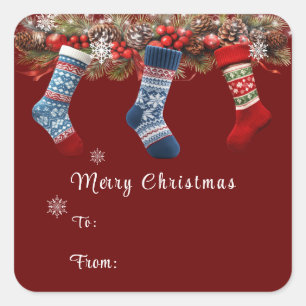 Adesivo Quadrado Feliz Natal Stockings Pine Cone Garland