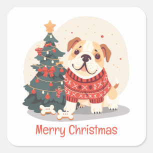 Adesivo Quadrado Feliz Natal Suéter de Natal do Bulldog Inglês