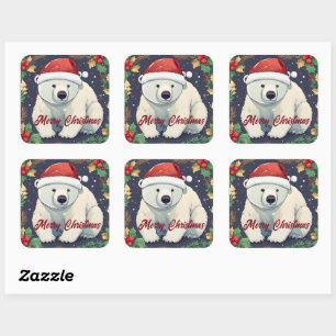Adesivo Quadrado Feliz Natal Urso Polar Branco