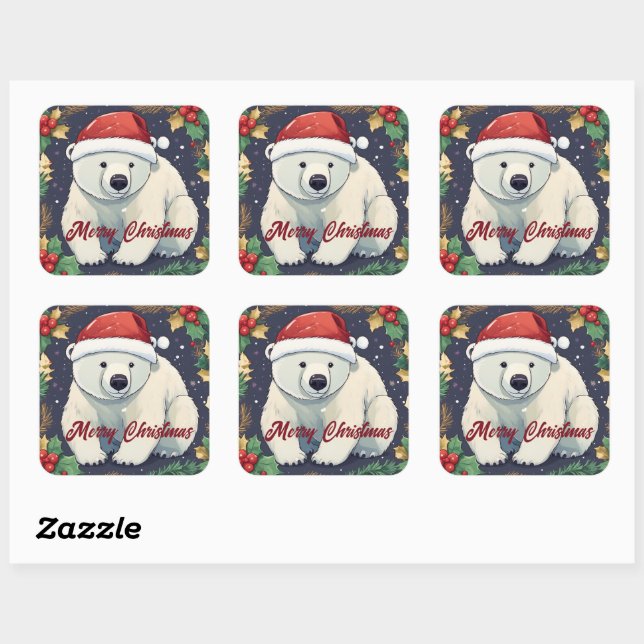 Adesivo Quadrado Feliz Natal Urso Polar Branco (Folha)