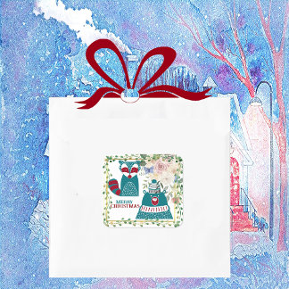 Adesivo Quadrado Feliz Natal Urso Raposa Nórdica Decorativa Floral