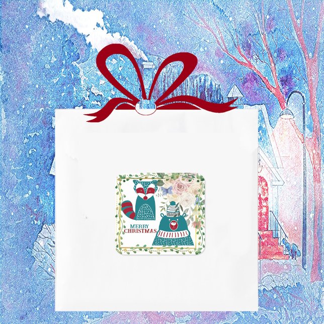 Adesivo Quadrado Feliz Natal Urso Raposa Nórdica Decorativa Floral (Merry Christmas Bear Fox Nordic Decorative Floral Square Sticker)