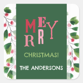 Adesivo Quadrado Feliz Natal, Vermelho E Vermelhos, Terra De Aquare