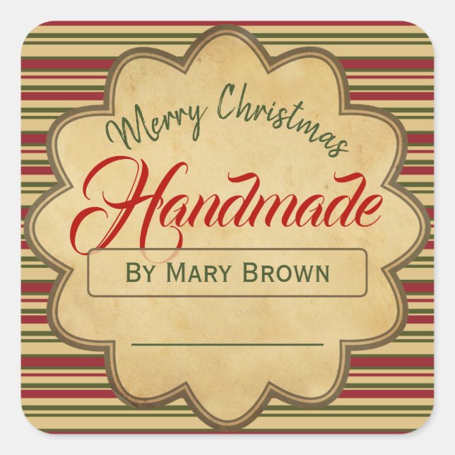 Adesivo Quadrado Feliz Natal Vermelho Verde Tirado à Mão (Frente)