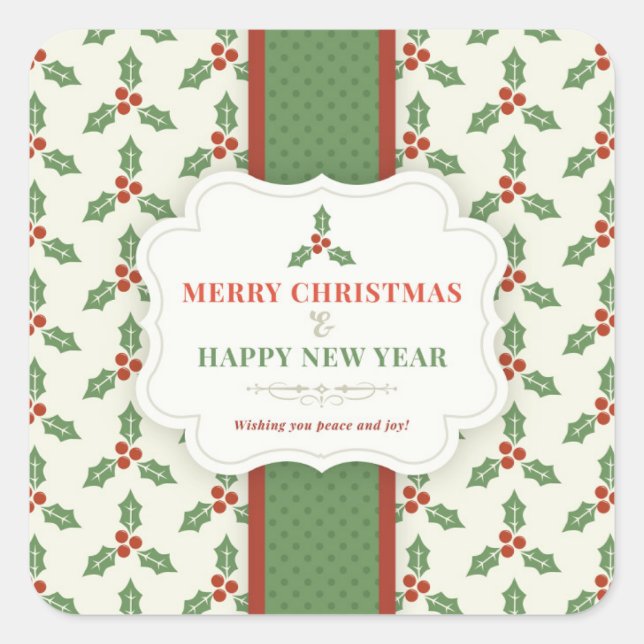 Adesivo Quadrado Feliz Natal Vintage Holly Berry (Frente)