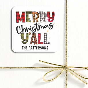 Adesivo Quadrado Feliz Natal, vocês todos Tartan Leopard.