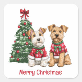 Adesivo Quadrado Feliz Natal Welsh Wire Fox Terrier Dogs