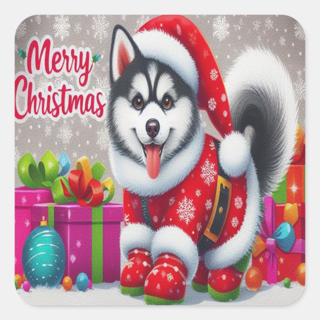 Adesivo Quadrado Feliz Natal Whimsical Siberian Husky Dog Xmas (Frente)