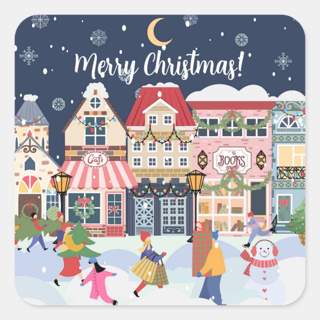 Adesivo Quadrado Feliz Natal Whimsy Winter Town Personalize (Frente)