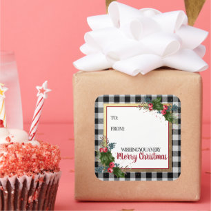 Adesivo Quadrado Feliz Natal Xadrez Búfalo Aquarela Azevinho