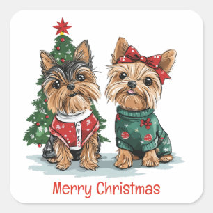 Adesivo Quadrado Feliz Natal Yorkie Dogs