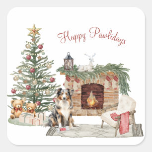 Adesivo Quadrado Feliz Pawlidays Design de Cachorro - Australian Sh