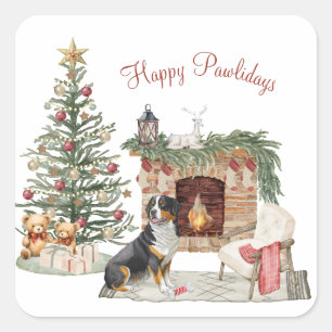 Adesivo Quadrado Feliz Pawlidays Design de Cachorro - Bernese Mount