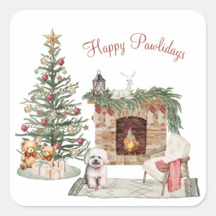 Adesivo Quadrado Feliz Pawlidays Design de Cachorro - Bichon Frise
