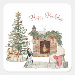 Adesivo Quadrado Feliz Pawlidays Design de Cachorro - Boston Terrie