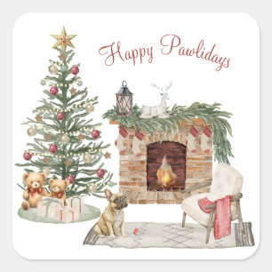 Adesivo Quadrado Feliz Pawlidays Design de Cachorro - Bulldogue Fra