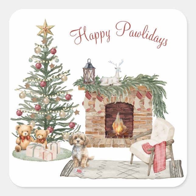 Adesivo Quadrado Feliz Pawlidays Design de Cachorro - Cavapoo (Frente)