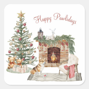 Adesivo Quadrado Feliz Pawlidays Design de Cachorro - Corgi