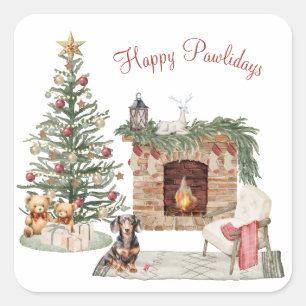 Adesivo Quadrado Feliz Pawlidays Design de Cachorro - Dachshund