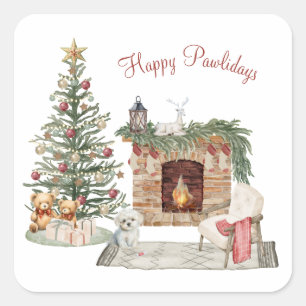 Adesivo Quadrado Feliz Pawlidays Design de Cachorro - Maltês