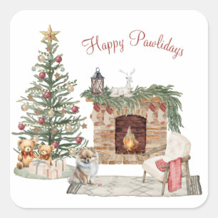 Adesivo Quadrado Feliz Pawlidays Design de Cachorro - Pomeranian