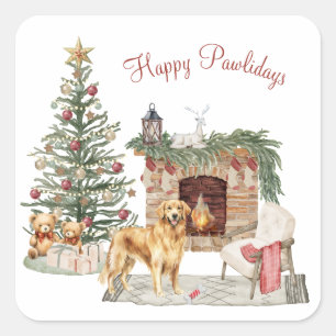 Adesivo Quadrado Feliz Pawlidays Design de Cachorro - Retriever Dou