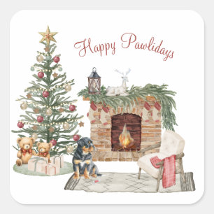 Adesivo Quadrado Feliz Pawlidays Design de Cachorro - Rottweiler