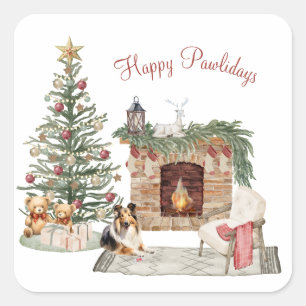 Adesivo Quadrado Feliz Pawlidays Design de Cachorro - Sheltie