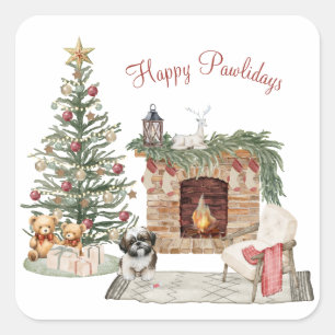Adesivo Quadrado Feliz Pawlidays Design de Cachorro - Shih Tzu