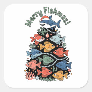 Adesivo Quadrado Feliz Peixes Árvores de Natal Engraçados Pesca