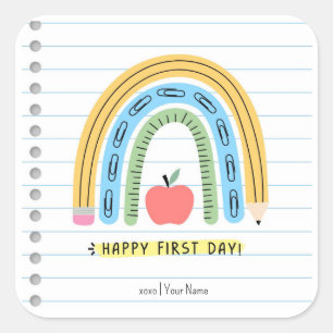 Adesivo Quadrado Feliz primeiro dia de colchete de volta à escola