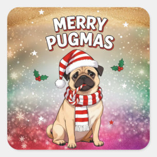Adesivo Quadrado Feliz Pugmas Pug Fofinho de Natal Presente para Am