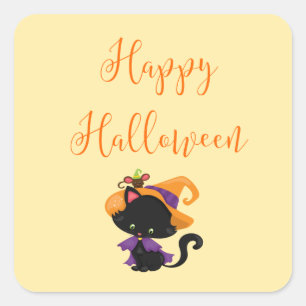 Adesivo Quadrado Feliz Rato de Gato Negro de Bruxas de Halloween no