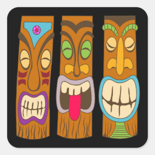 Adesivo Quadrado Feliz Tiki Estatuetas, Preto Engraçado