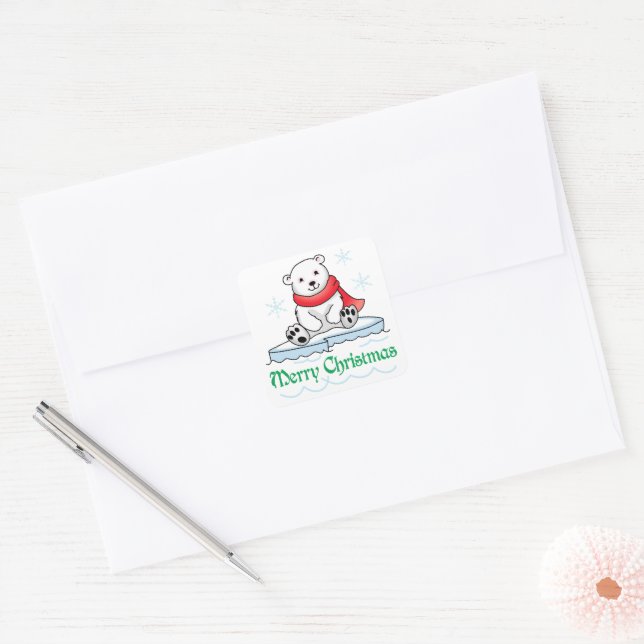 Adesivo Quadrado Feliz Urso Polar de Natal (Envelope)
